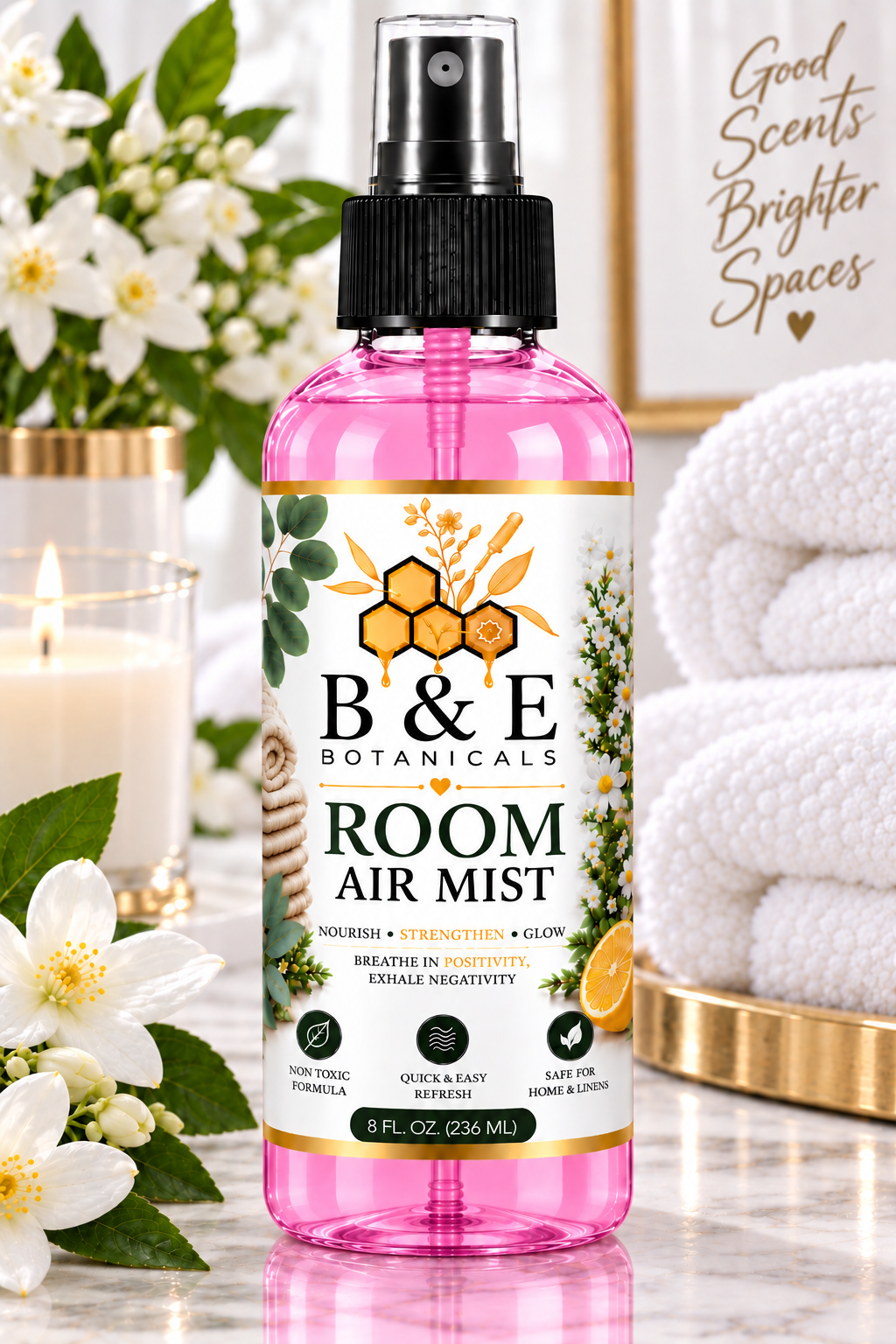 B&E Botanicals Baby Powder Room Air Mist 8 fl oz with pink liquid