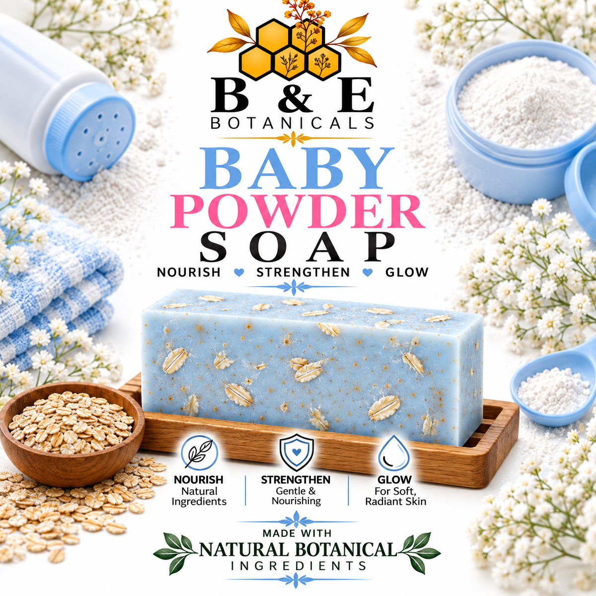 B&E Botanicals Baby Powder Soap with realistic oats
