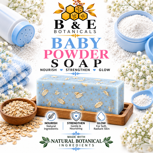 B&E Botanicals Baby Powder Soap with realistic oats