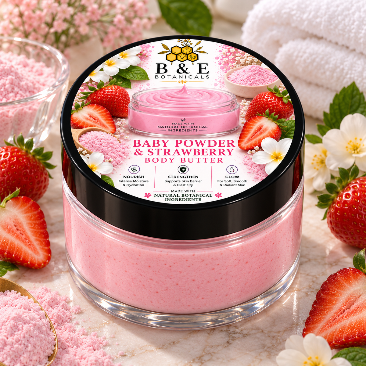 B&E Botanicals Baby Powder & Strawberry Body Butter, 4 oz