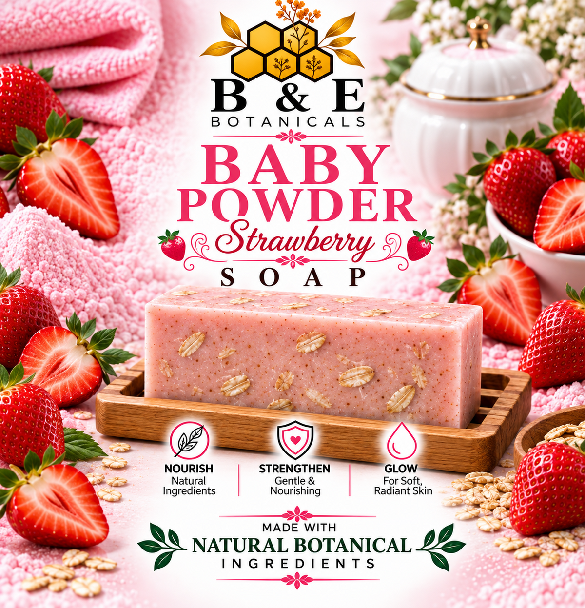 B&E Botanicals Baby Powder Strawberry Soap with realistic oats