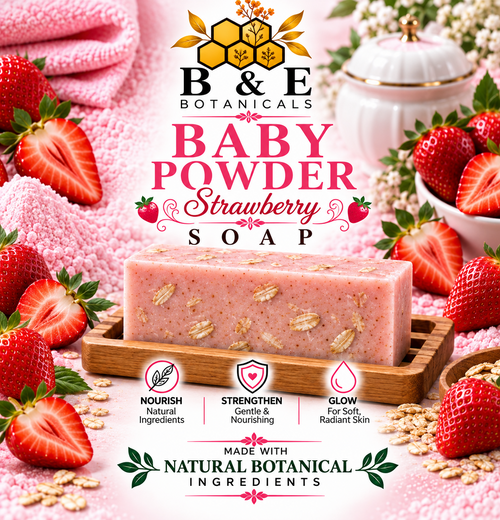 B&E Botanicals Baby Powder Strawberry Soap with realistic oats
