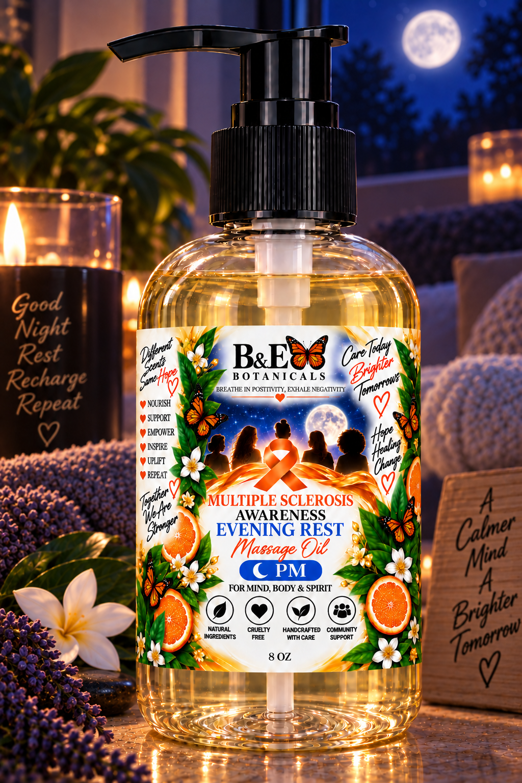 B&E Botanicals Multiple Sclerosis Awareness Evening Rest Massage Oil 8 oz