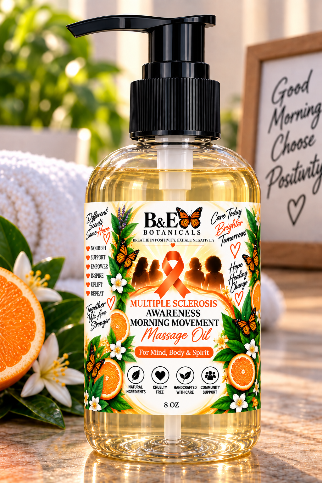 B&E Botanicals Multiple Sclerosis Awareness Morning Movement Massage Oil 8 oz