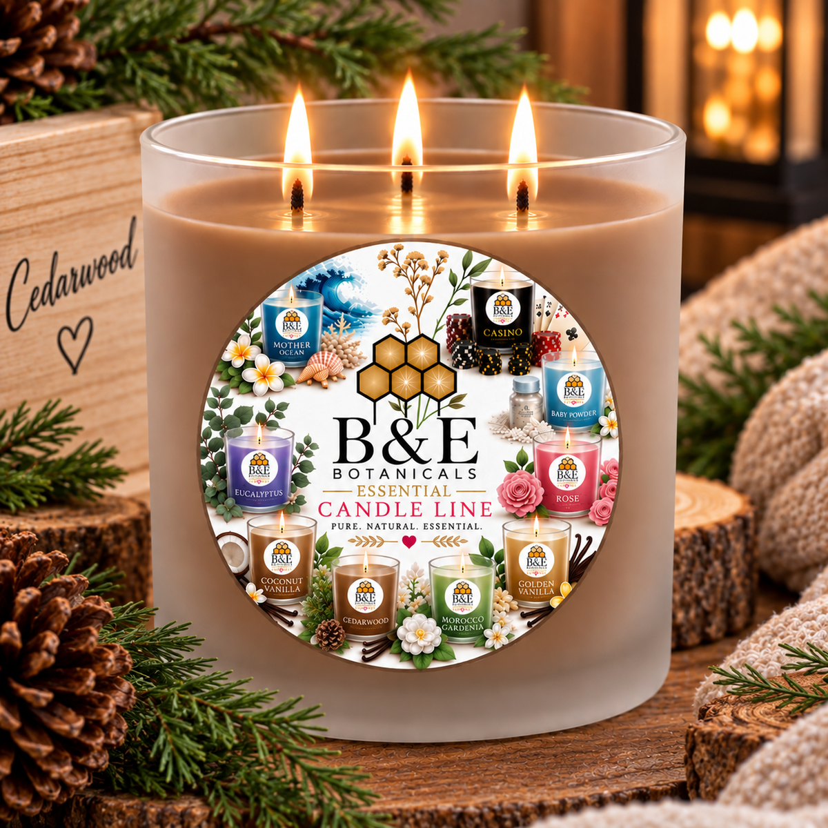 B&E Botanicals Essential Candle Line Cedarwood candle
