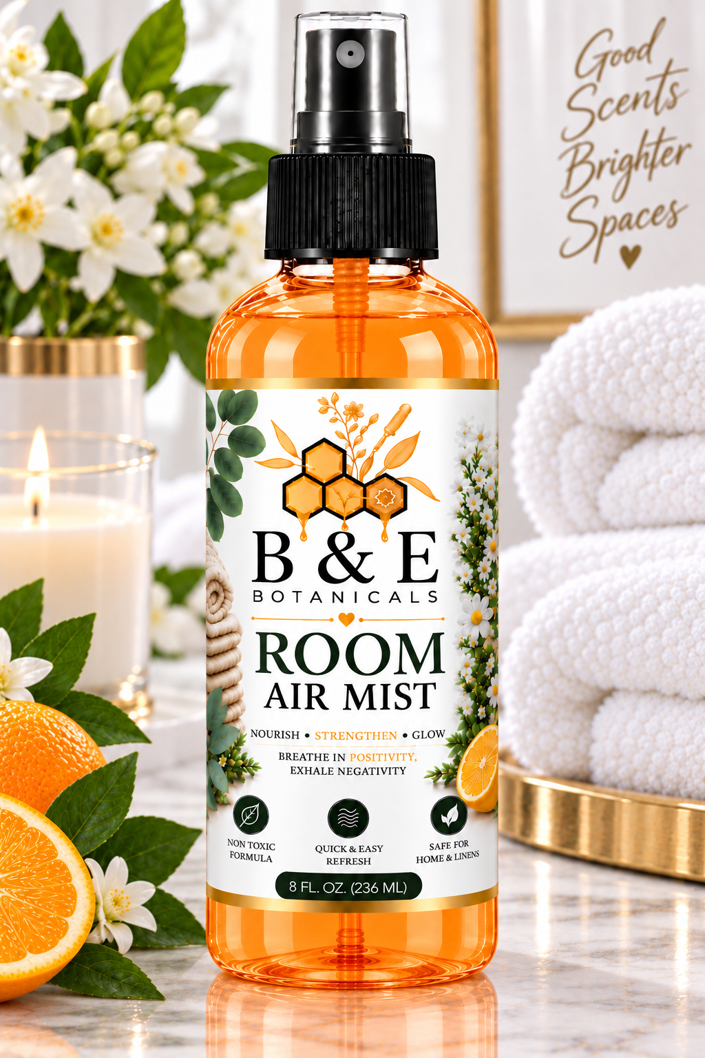 B&E Botanicals Citrus Room Air Mist with orange liquid, 8 fl oz