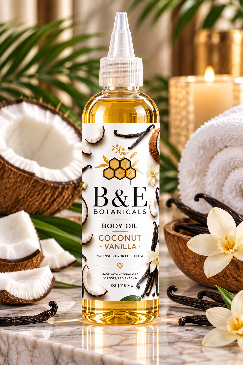 B&E Botanicals Coconut Vanilla Body Oil, 4 oz