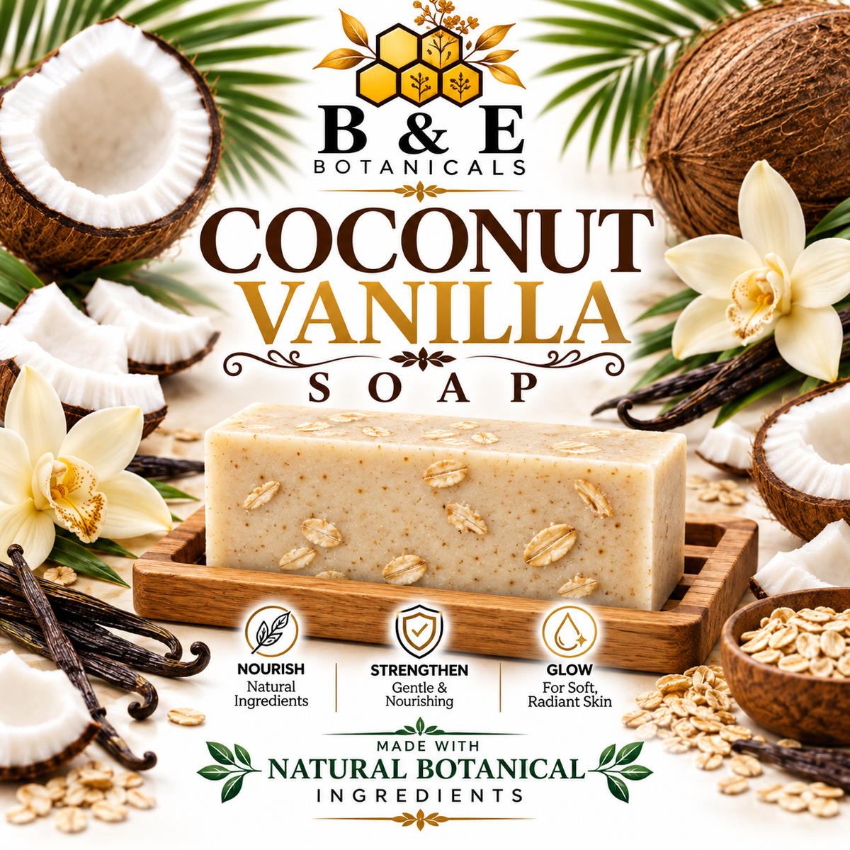 B&E Botanicals Coconut Vanilla Soap with realistic oats