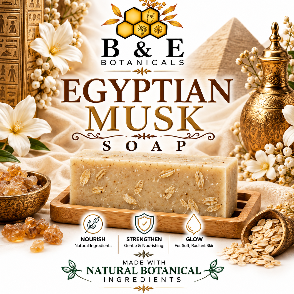 B&E Botanicals Egyptian Musk Soap with realistic oats