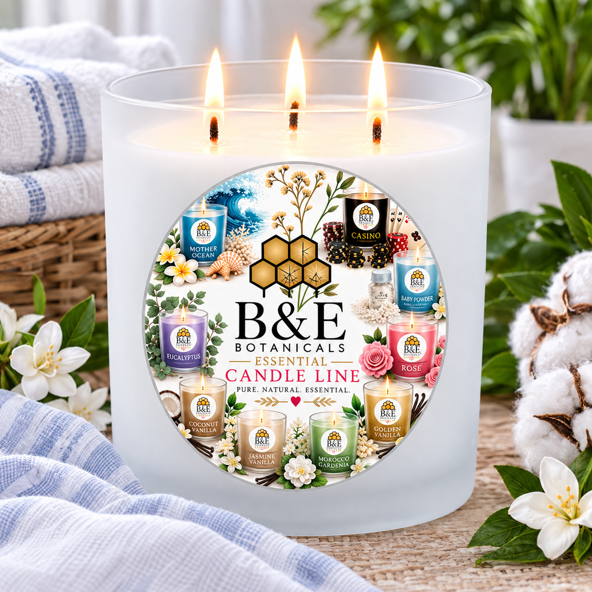 B&E Botanicals Essential Candle Line Fresh Linen candle
