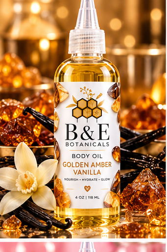 B&E Botanicals Golden Amber Vanilla Body Oil, 4 oz