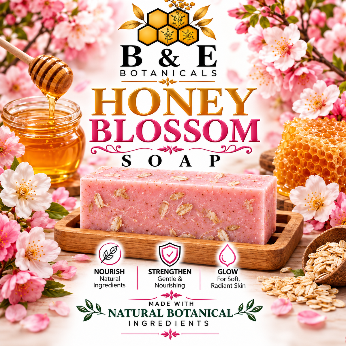 B&E Botanicals Honey Blossom Soap with realistic oats