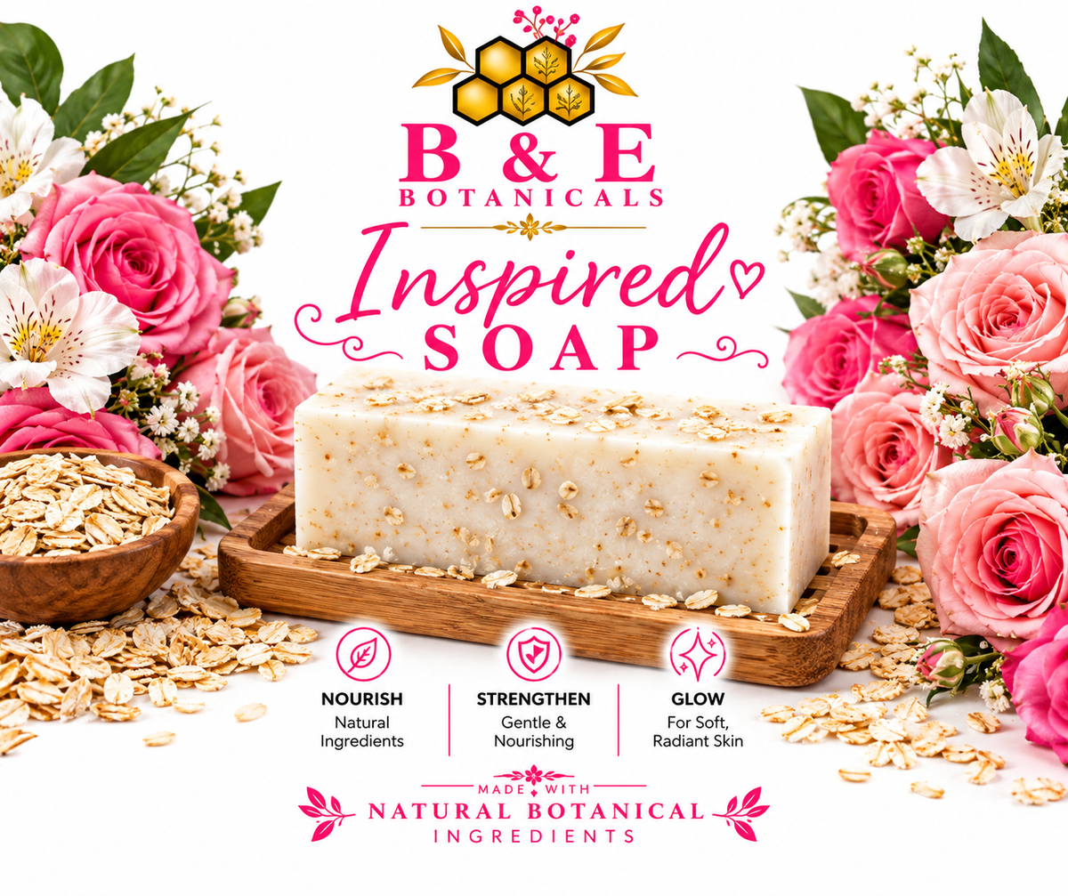 B&E Botanicals Inspired Soap clean mockup with oats and pink floral backdrop
