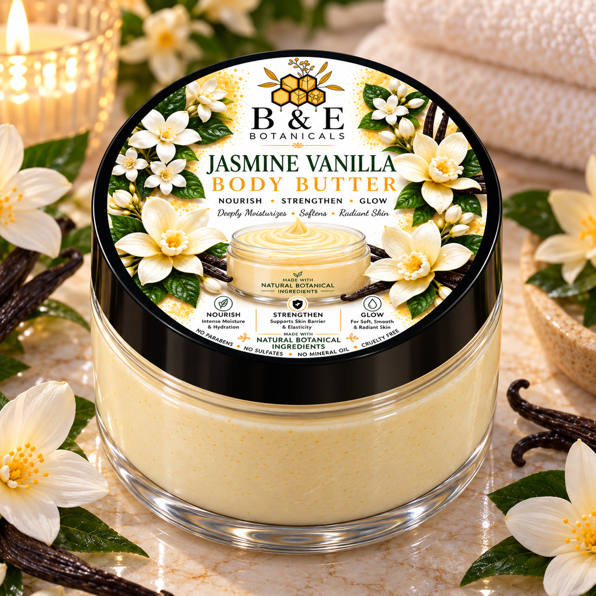 B&E Botanicals Jasmine Vanilla Body Butter, 4 oz