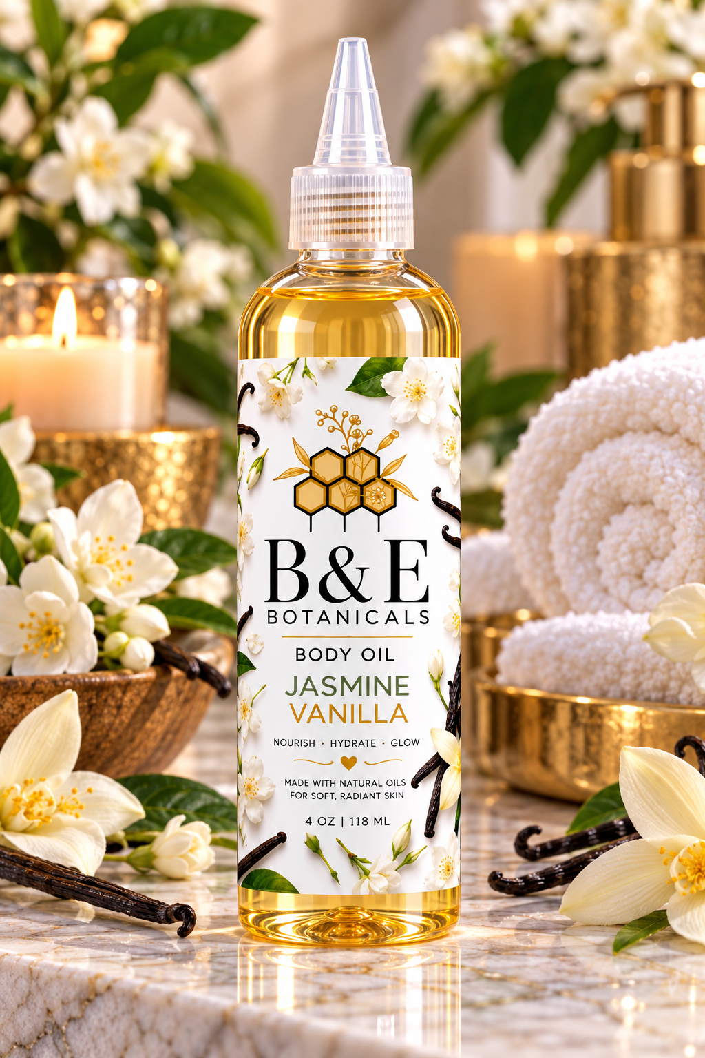 B&E Botanicals Jasmine Vanilla Body Oil, 4 oz