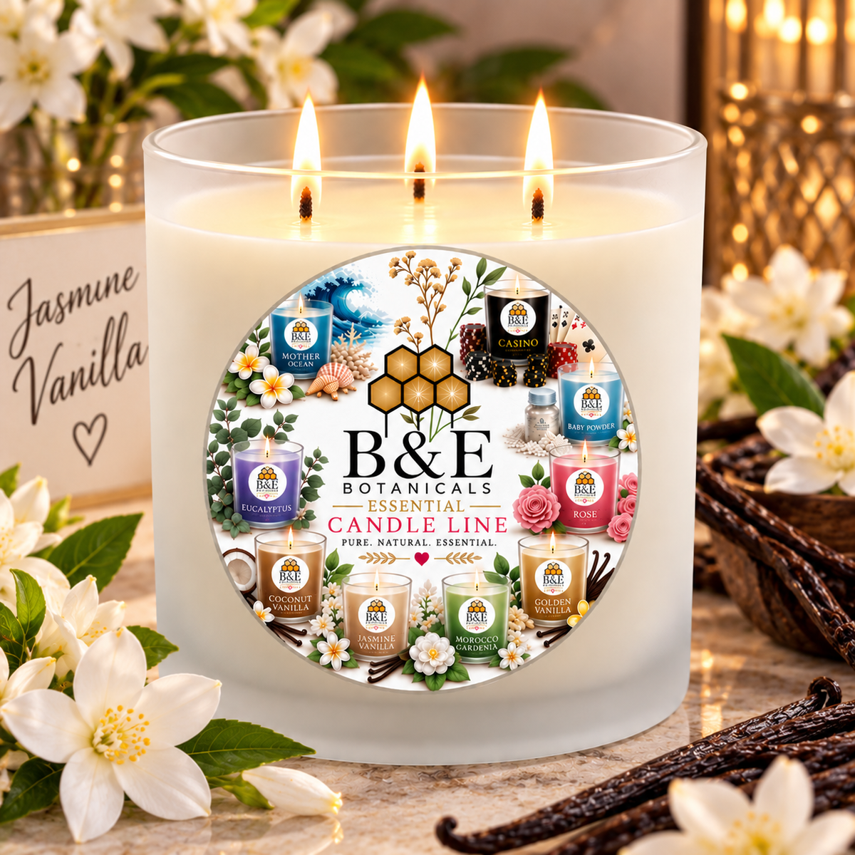 B&E Botanicals Essential Candle Line Jasmine Vanilla candle