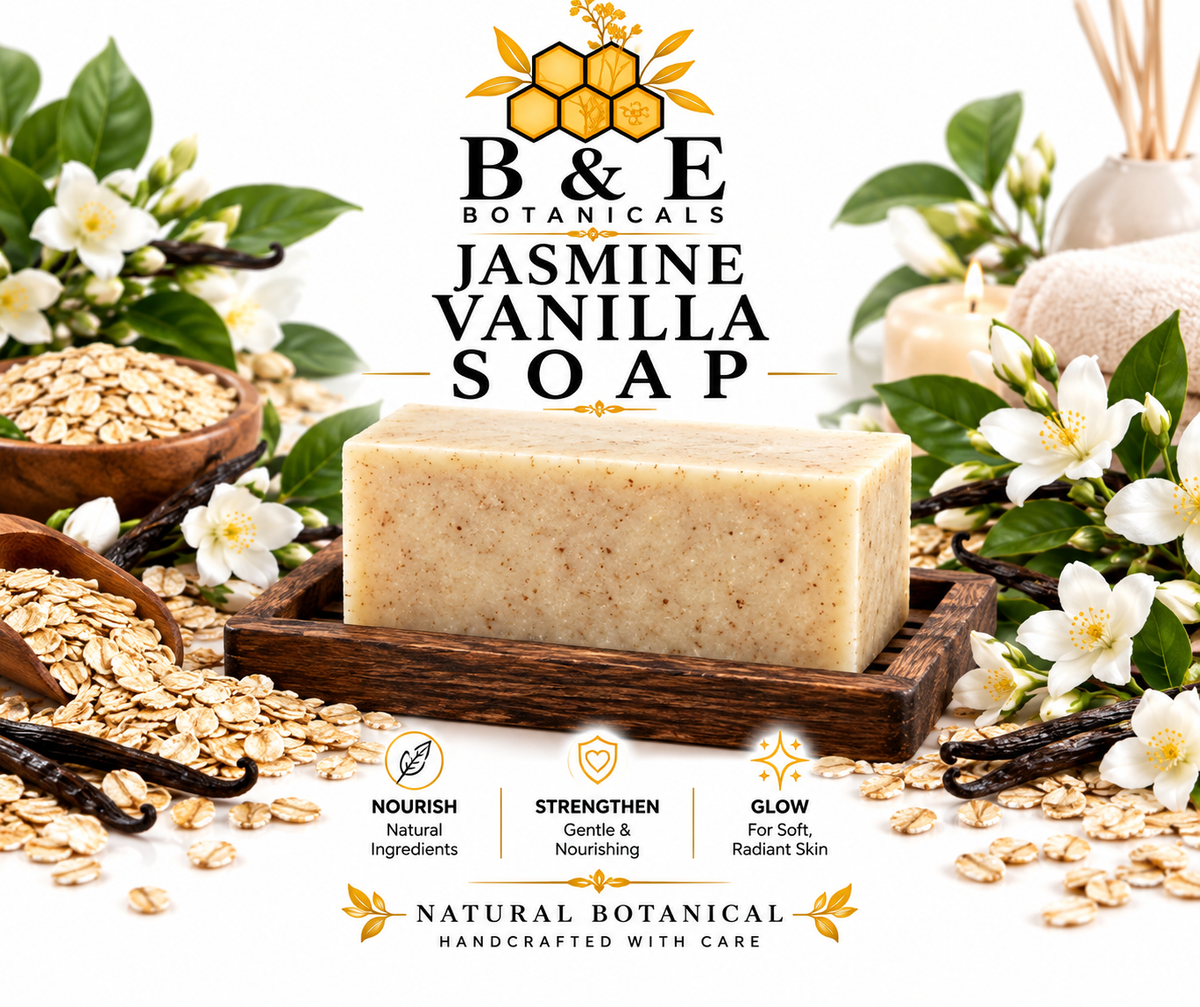 B&E Botanicals Jasmine Vanilla Soap clean mockup with oats
