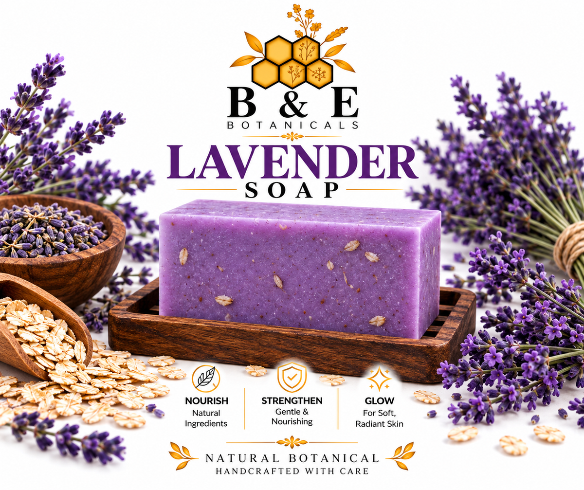 B&E Botanicals Lavender Soap clean mockup with lavender and oats