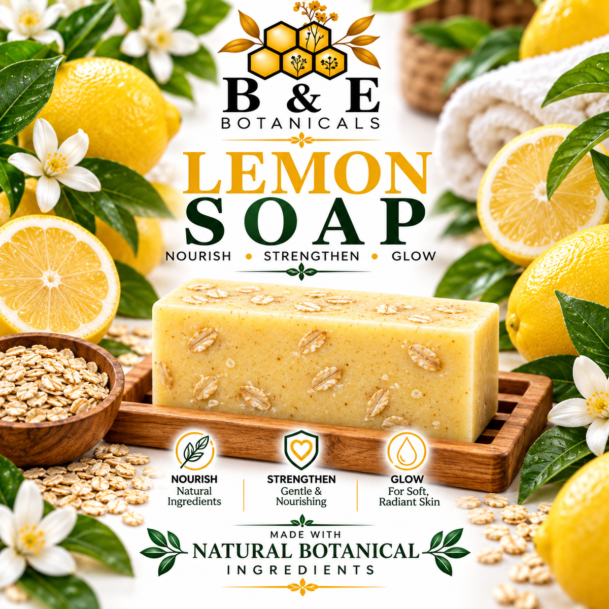 B&E Botanicals Lemon Soap with realistic oats