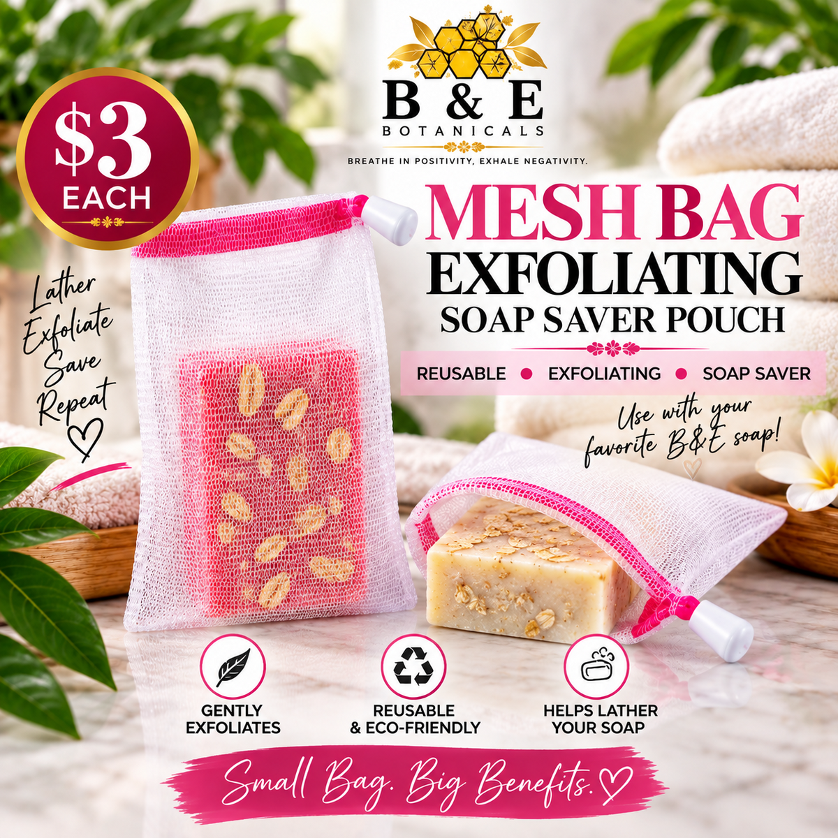 B&E Botanicals Mesh Bag Exfoliating Soap Saver Pouch $3 each