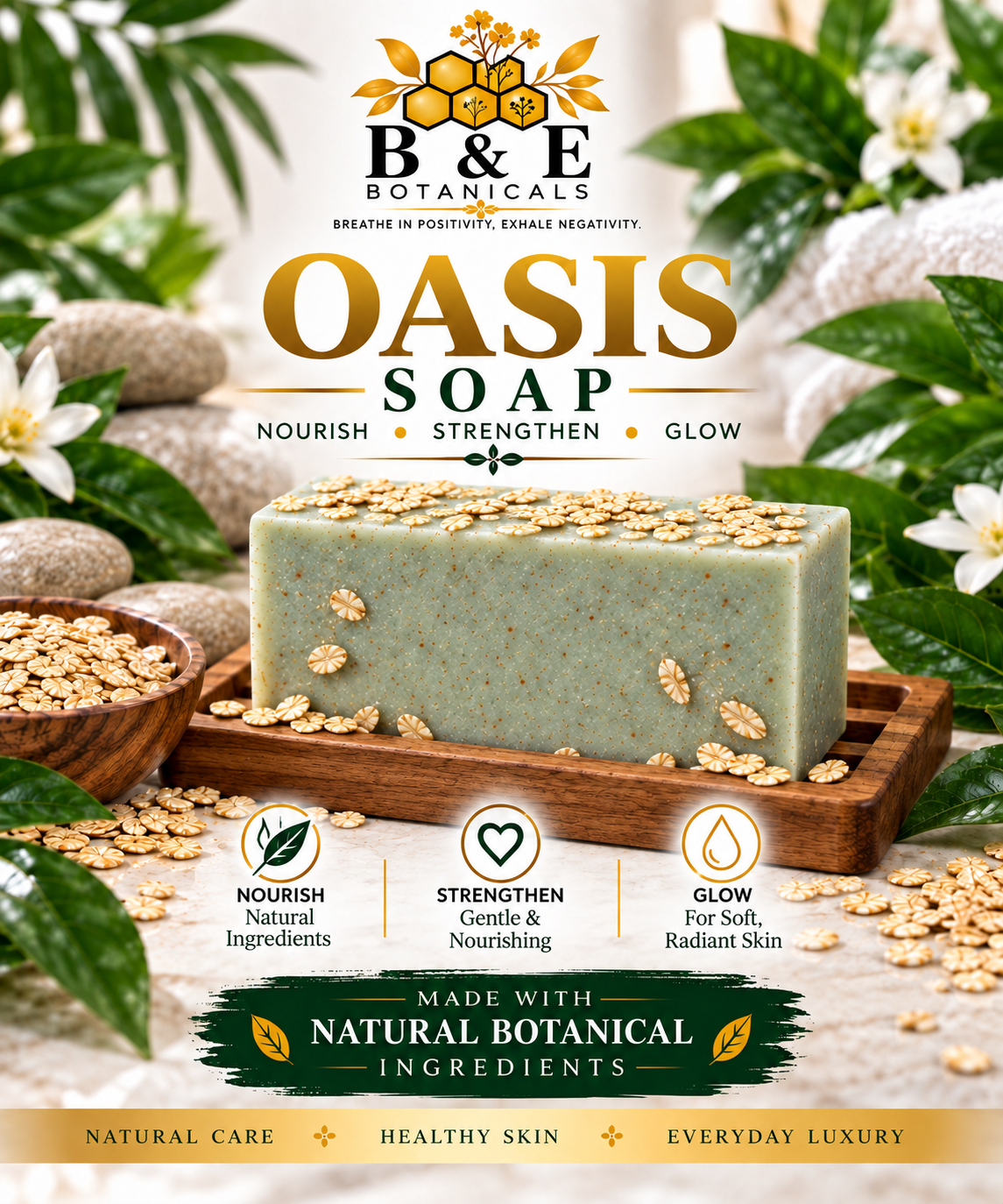 B&E Botanicals Oasis Soap with brown tray and natural oats