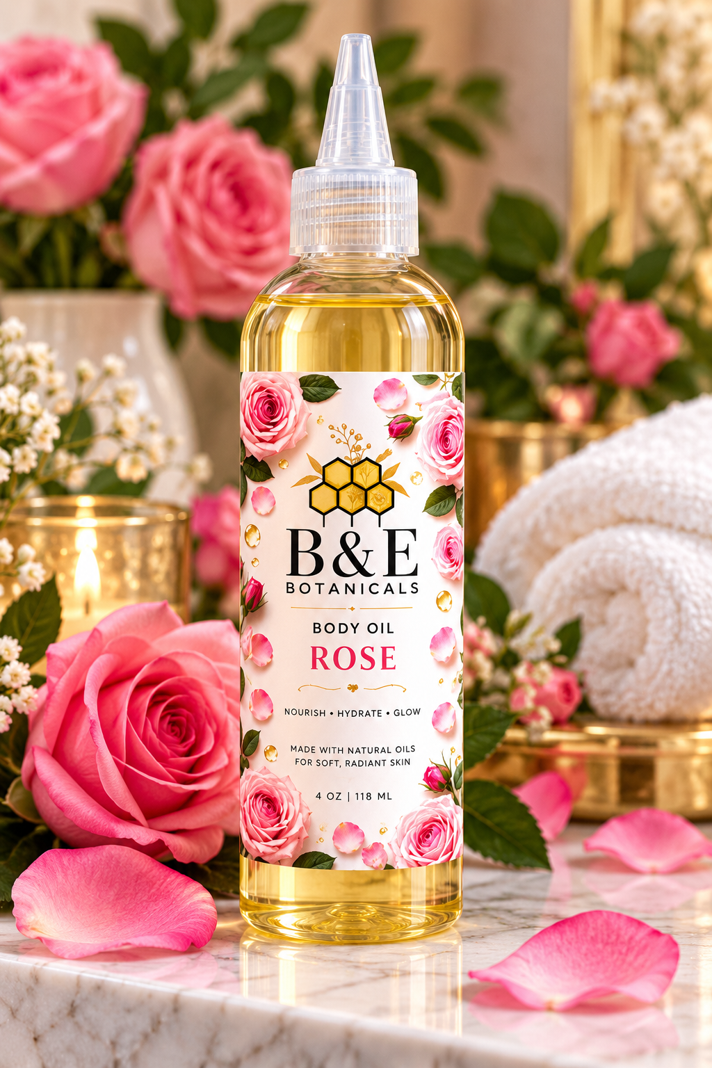 B&E Botanicals Rose Body Oil, 4 oz