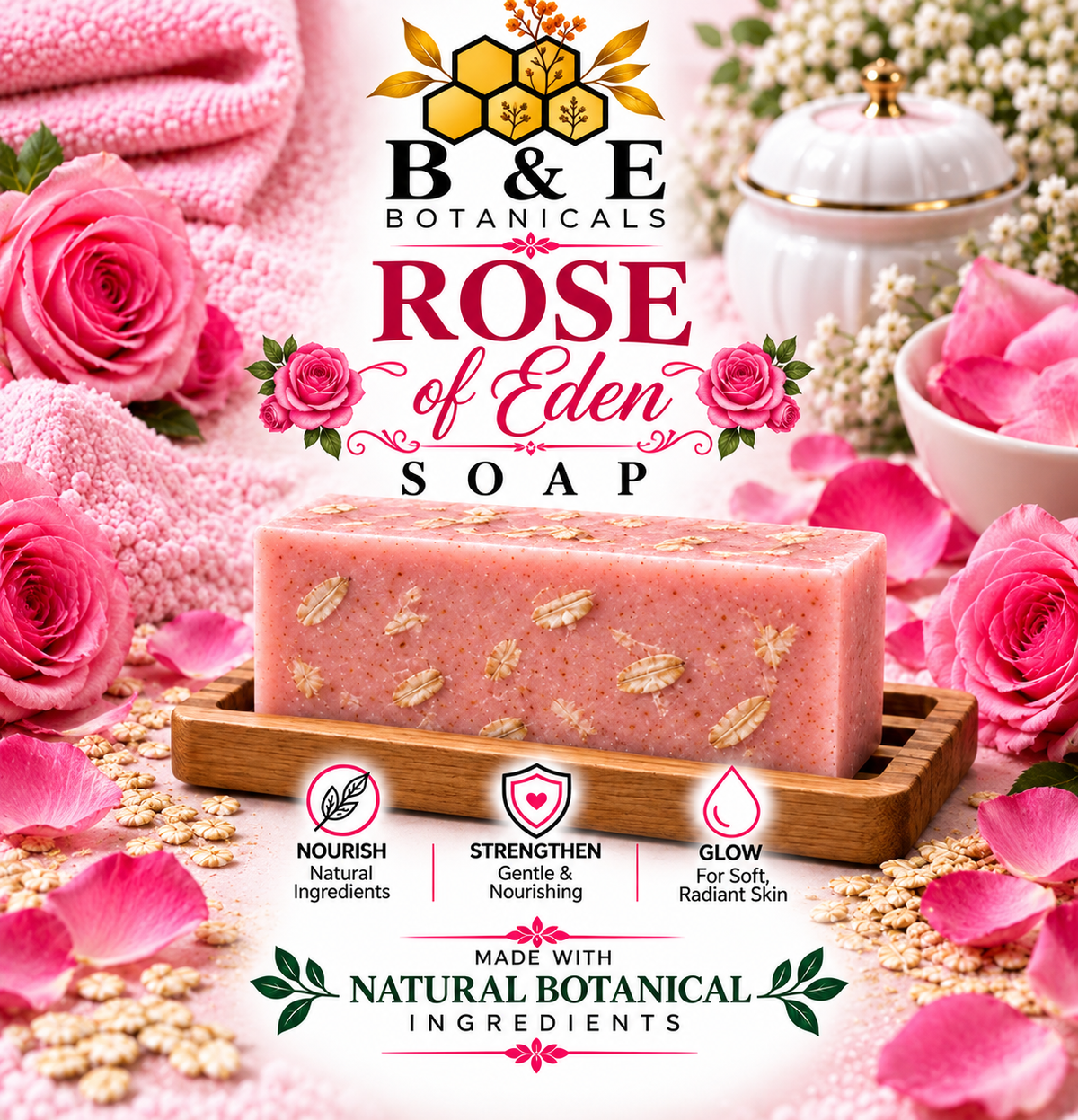 B&E Botanicals Rose of Eden Soap with realistic oats