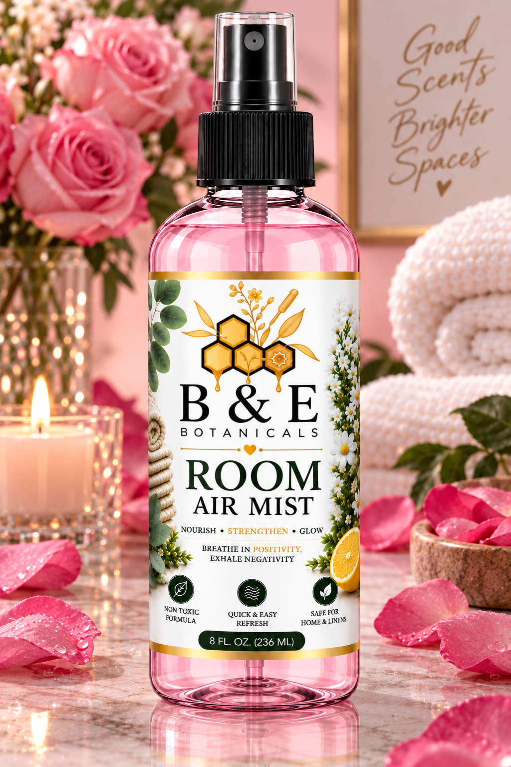 B&E Botanicals Rose Petal Room Air Mist 8 fl oz lifestyle product image