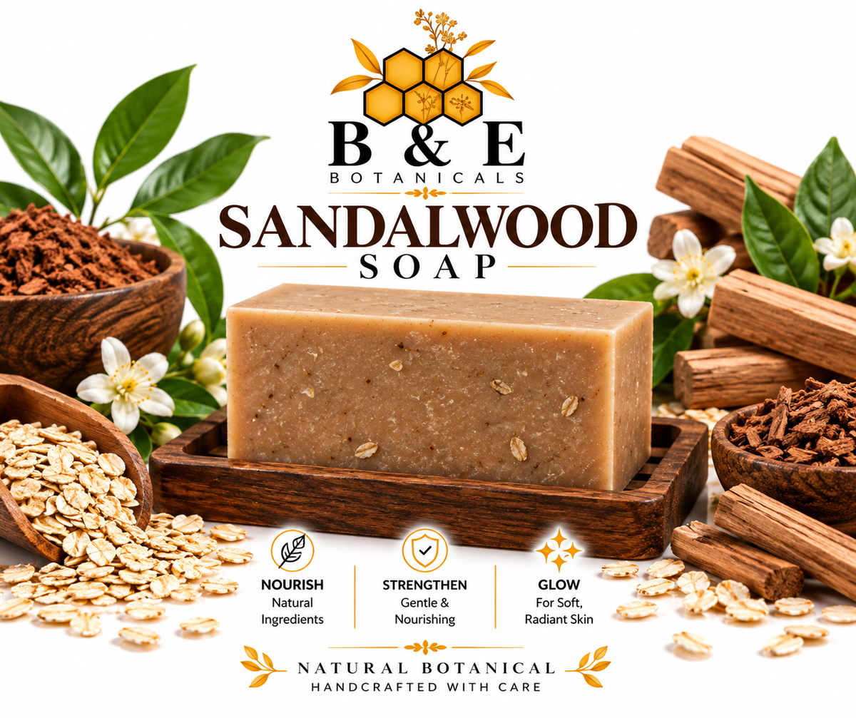 B&E Botanicals Sandalwood Soap clean mockup with oats and sandalwood