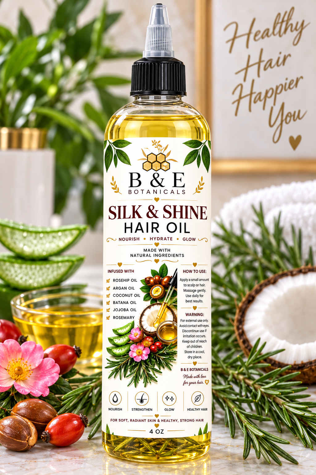 B&E Botanicals Silk & Shine Hair Oil 4 oz