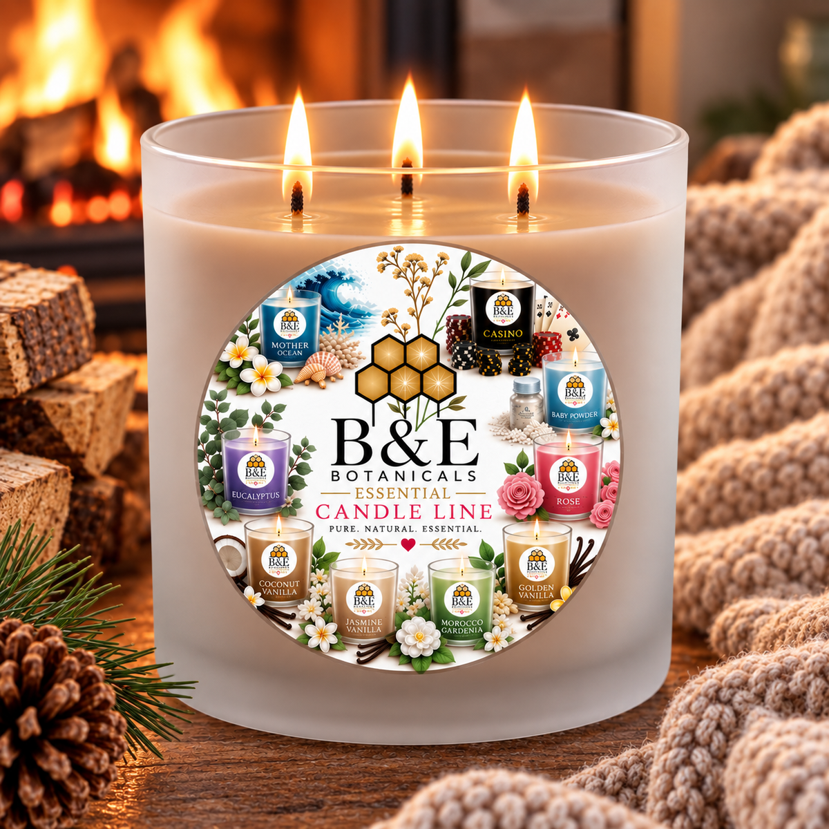 B&E Botanicals Essential Candle Line Warm Fireplace candle