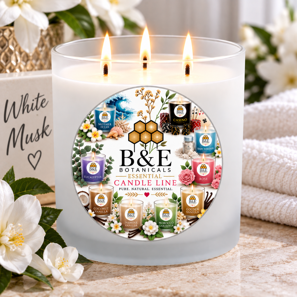 B&E Botanicals Essential Candle Line White Musk candle